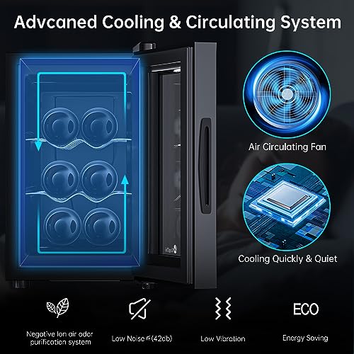kingchii 6 bottle thermoelectric wine cooler refrigerator advanced cooling technology stainless steel amp tempered glass for red wine champagne for home kitchen or office