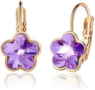 Austrian Crystal Flower Leverback Drop Earrings for Women 14K Rose Gold Plated Hypoallergenic Jewelry