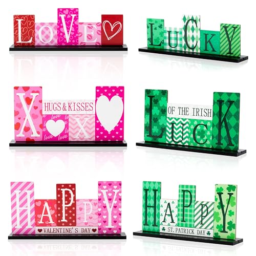 CNhoqc Wooden Table Centerpiece Decorations - 3 Pcs Valentine’s Day & St. Patrick's Day Reversible Wooden Centerpiece Signs Festive Love and Lucky Table Topper Decor Double-Sided Tiered Tray Decor