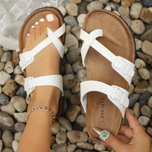 Image of Sandals Women Wide Width, Cork Footbed Arch Support Summer Beach Slide Sandals, Adjustable Strap for Wide Feet