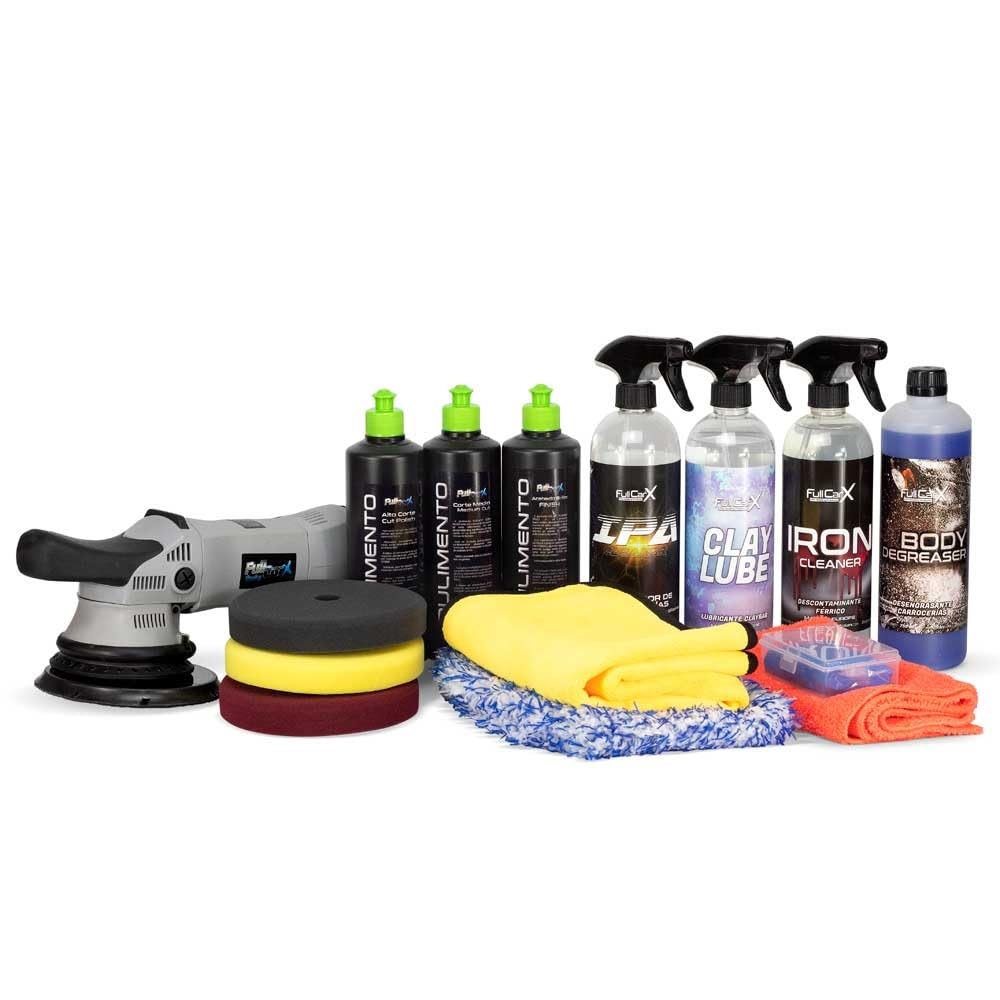 AutoFullCar – Kit FullCarX Decon Polish Completo Coche | Pulidora Orbital FCX PRO 21mm + Pulimentos Alto, Medio y Brillo | Descontaminado, Desengrasado y Pulido Profesional Carrocería