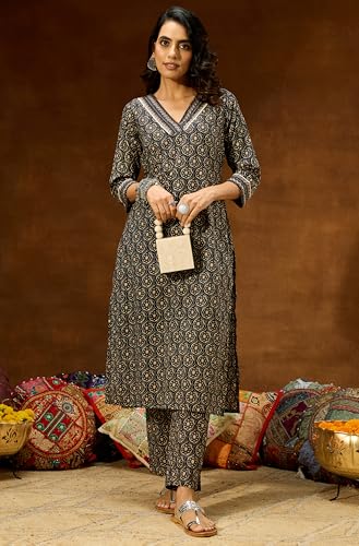 Image of Janasya Women's Black Pure Cotton Ethnic Motifs Printed Straight Kurta Pant Set