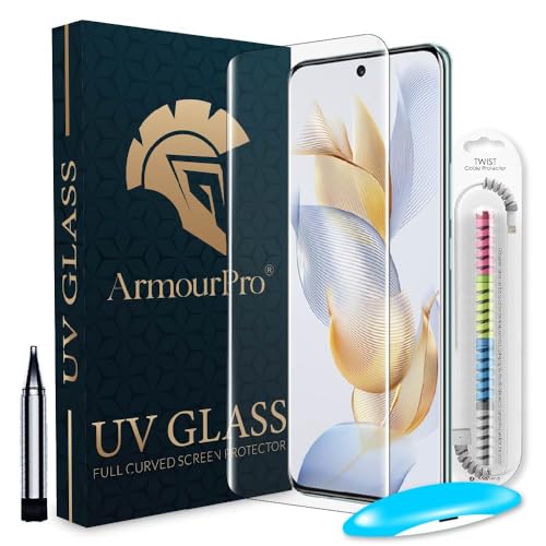 Image of ArmourPro Military Grade UV Tempered Glass Screen Protector for Honor 90 5G with Edge to Edge Coverage, Cable Protector & Installation kit (6.7 Inch)