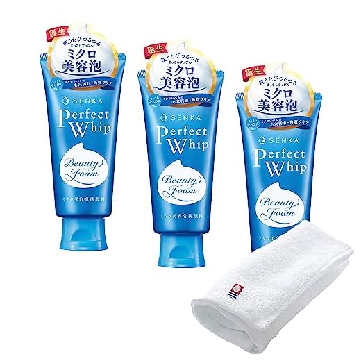 Senka Perfect Whip - Espuma de limpieza facial hidratante de 120 g con mucha seda y ácido hialurónico, fabricado en Japón, juego de 3, con 1 toalla Imabari hecha en Japón