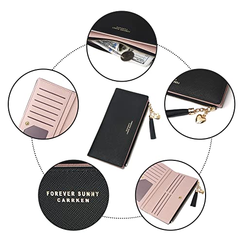 Women's Slim Wallet, Black Leather, Lightweight, Minimalist Design, 12 Credit Card Slots, ID Window, 3 Large Cash Compartments, Zipper Pocket for Coins2