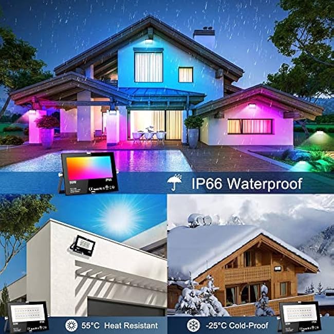 Flood Lights Outdoor RGB, 500W Equivalent Smart Color Change & Daylight 5700K Landscape Light, IP66 Waterproof Patio Lights via App Control, Indoor Ambient Lighting, DIY Scenes/Music Sync/Timing-4Pack