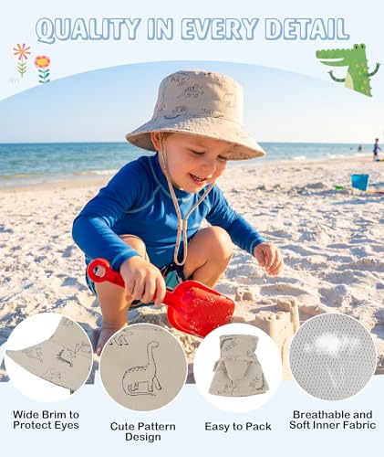 Toddler Kids Sun Hat Summer Outdoor Toddler Bucket Hats UPF 50+ for Boys Girls Adjustable Beach Hats with Wide Brim 02 Khaki Dinosaur 2-4T