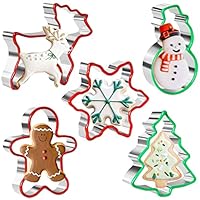 5 Pieces Christmas Cookie Cutter Set Stainless Steel Gingerbread Man,Snowflake,Christmas Tree,Snowman and Reindeer Shape with Soft PVC Edge Xmas Cookie Cutters for Holiday Baking (Christmas)