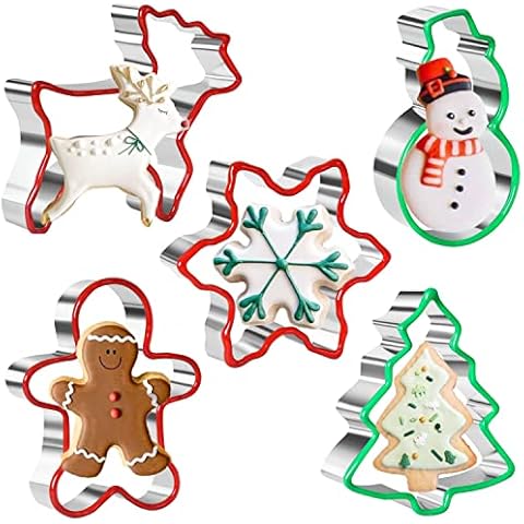 Crethinkaty Christmas Cookie Cutter Set 5 Pieces Stainless steel Gingerbread Man,Snowflake,Snowman,Christmas Tree and Reindeer Shape with Soft PVC Edge Xmas Cookie Cutters for Baking Cover