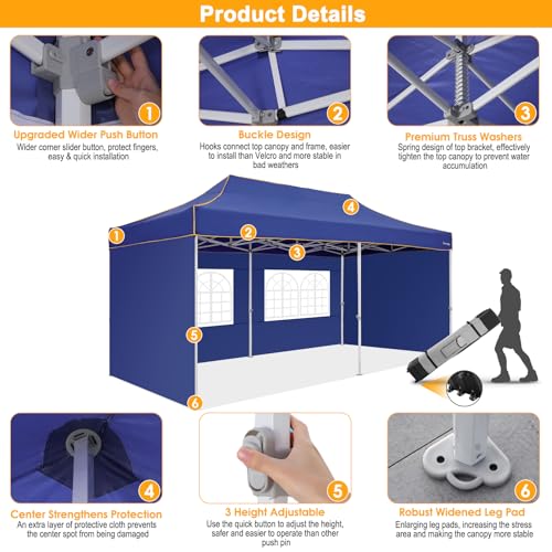 Image of HOTEEL 10x20 Heavy Duty Pop Up Canopy Tent with 4 Sidewalls, Commercial Outdoor Canopy Tents for Parties Event Wedding with Roller Bag, Waterproof & UV 50+, Upgraded Thick Hexagonal Legs, Deep Blue