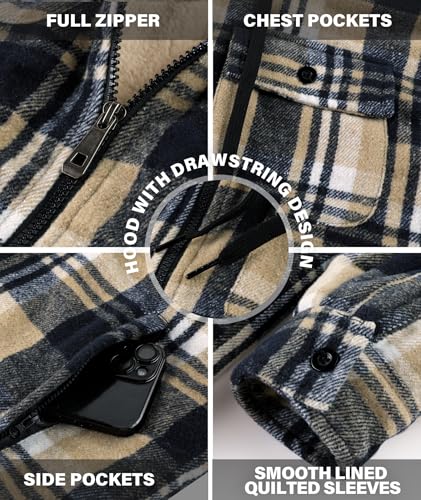 Image of Mens Plaid Hoodies Winter Zip Up Fleece Jacket Sherpa Fleece Lined Warm Flannel Jacket Coat