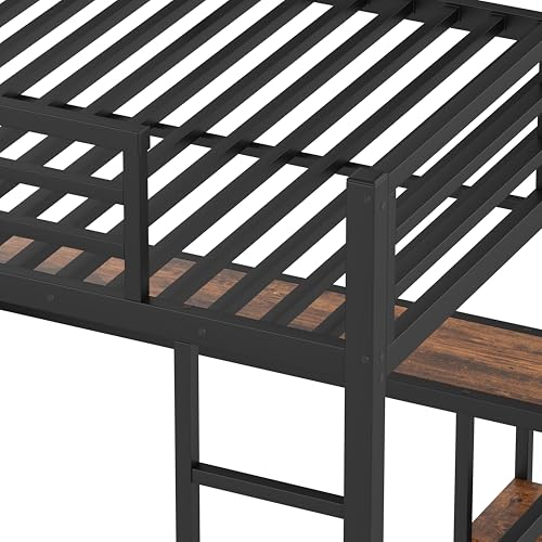 Image of Bellemave Queen Size Loft Bed with Desk and Wardrobe, Metal Queen Loft Bed Frame for Adults, Kids, Teens, Black and Woodgrain