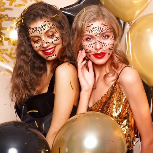 Image of 8 Sheets Gold Glitter Leopard Face Temporary Tattoos Stickers, Glitter Fake Cheetah Face Whisker Tattoos Stickers for Halloween Costume Makeup for Kids Adults Women Men