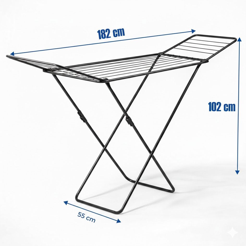 HYTAMA TOOLS Stendibiancheria AEGEANSTAR Nero da Pavimento, 18 METRI DI STENDITURA,100% Acciaio-Stendino Pieghevole con Piedini Antiscivolo, Sistema Anti-Chiusura 182x55x102cm Certificato TUV