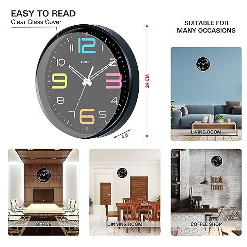 Image of ANTIQUE 10 Inch Round Shape Analog Wall Clock With Plastic And Glass For Home /Kitchen /Living Room /Bedroom /Office, Black Multicolor (25.4 X 25.4 X 4 Cm), White