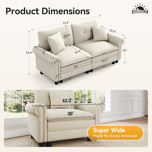 Image of SUNSHINE VALLEY 73.2 inch Modular Cloud Loveseat with Extra Wide & Deep Seats, Oversized 2-Seater Mid-Century Modern Couch with Nailhead Trim and Throw Pillows for Living Room, Chenille Beige