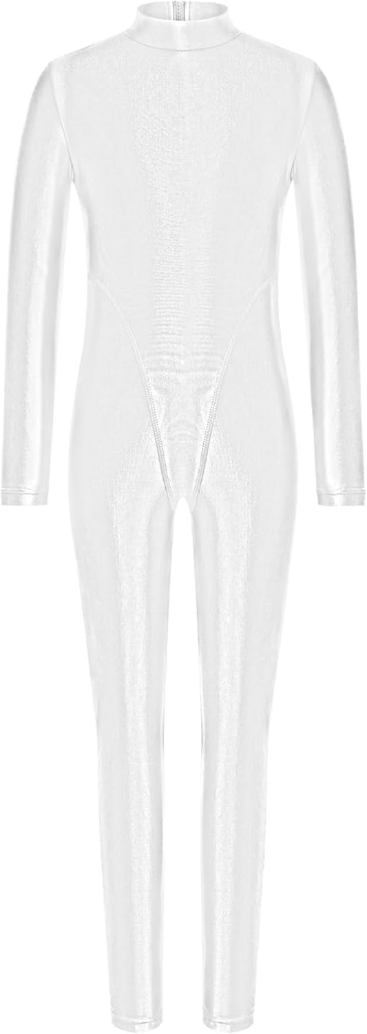 Kids Girls Shiny Metallic Dance Unitard Zipper Bodysuit Turtleneck Glossy Gymnastics Jumpsuit
