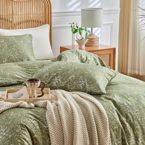 Image of MKXI Duvet Cover Queen Size Boho Bedding 100% Cotton Reversible Floral Duvet Cover Set with Zipper, Soft & Breathable Army Green Bedding Set Botanical Wildflower Duvet Covers