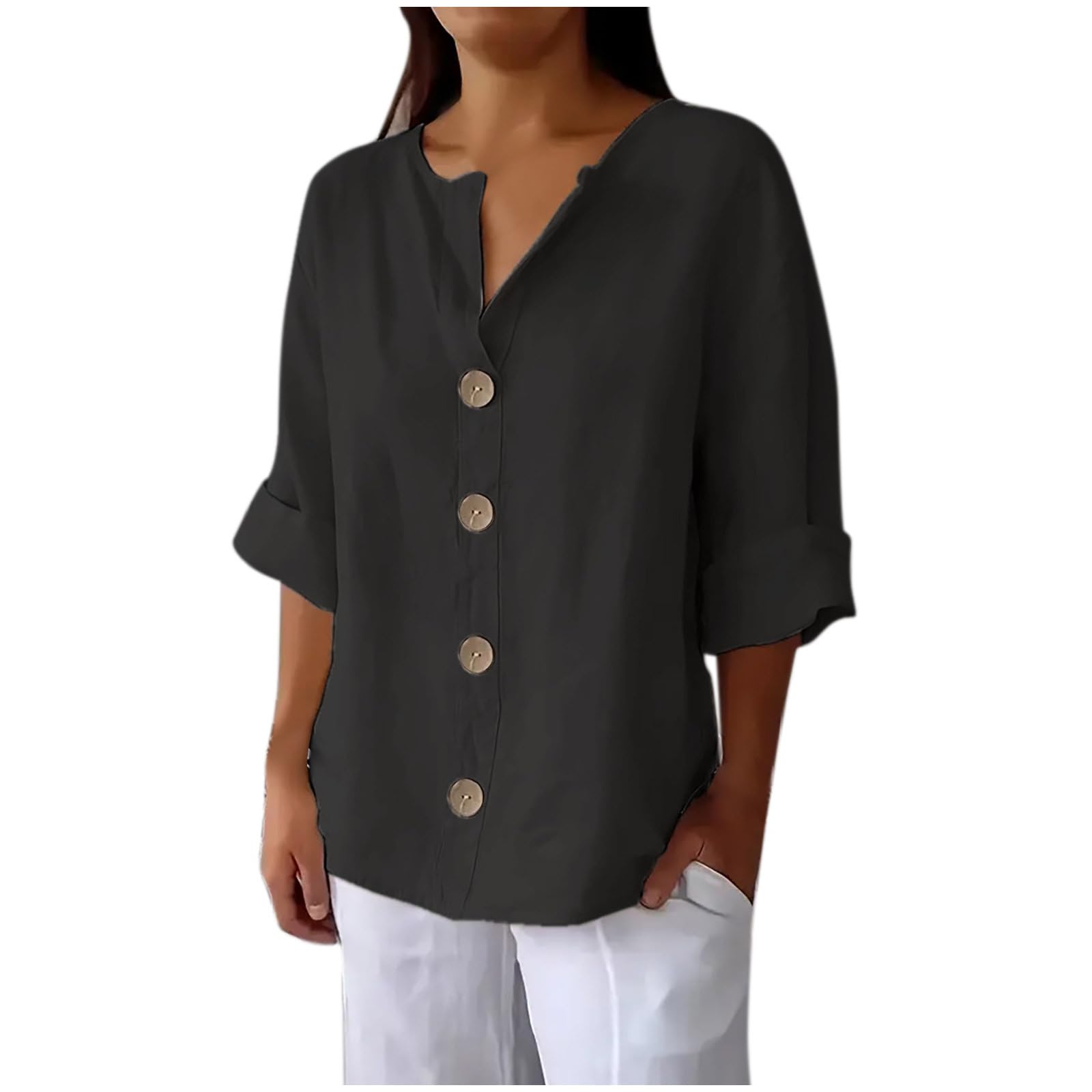 Cotton Linen Tops for Women Roll Up Long Sleeve V Neck Blouse Button Down Solid Color Casual Loose Shirt(#01 Black,Large)