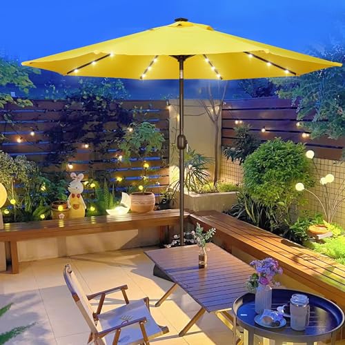 Image of Blissun 9 ft Solar Umbrella, 32 LED Lighted Patio Umbrella, Table Market Umbrella, Outdoor Umbrella for Garden, Deck, Backyard, Pool and Beach (Yellow)