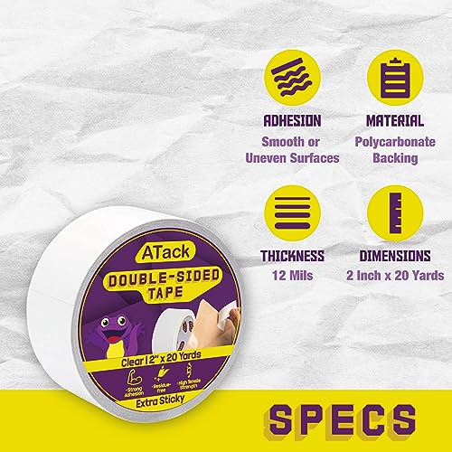 Atack ATDSTESC220 Extra Sticky Clear Double-Sided Tape, Removable, 2-Inch X 20-Yards - Wall Safe Heavy-Duty Double Sides Self Sticky Wall Fabric Tape thumb #1