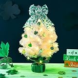 Hollowfly 2 FT St. Patrick Day Decoration Tree Pre Lighted Small Tabletop Tree with LED Shamrock Bow Topper Green Clover St. Patrick's Day Table Centerpiece for Home Indoor Decor