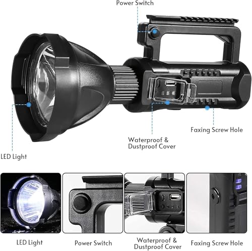 Image of Glaceon Rechargeable Spotlight Flashlight 100000 Lumens with Tripod IPX5 Waterproof Handheld Spotlight 4 Modes Search Light for Camping,Fishing,Hunting,Hiking,Emergency Other Outdoor Activities,Black