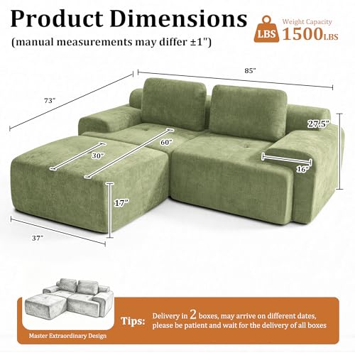 Image of 85 inch L Shaped Oversized Boneless Couch, Comfort Cloud Sectional Couches for Living Room, Modular Sofa High Back & Extra Deep Seat, No Assembly, Chenille(Olive Green, 85 inch- L Shaped(2+1))