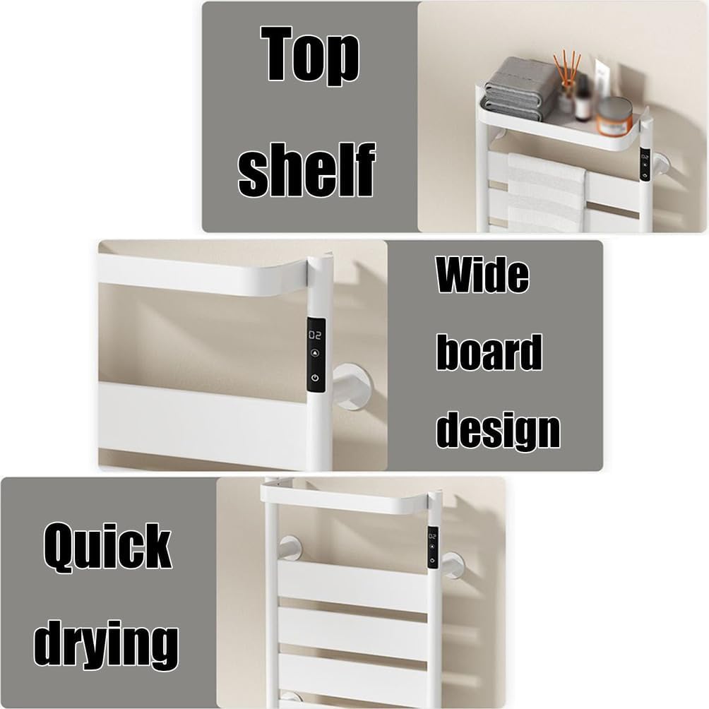 Collage showing the top shelf, wide board design, and quick drying feature of the towel rack.