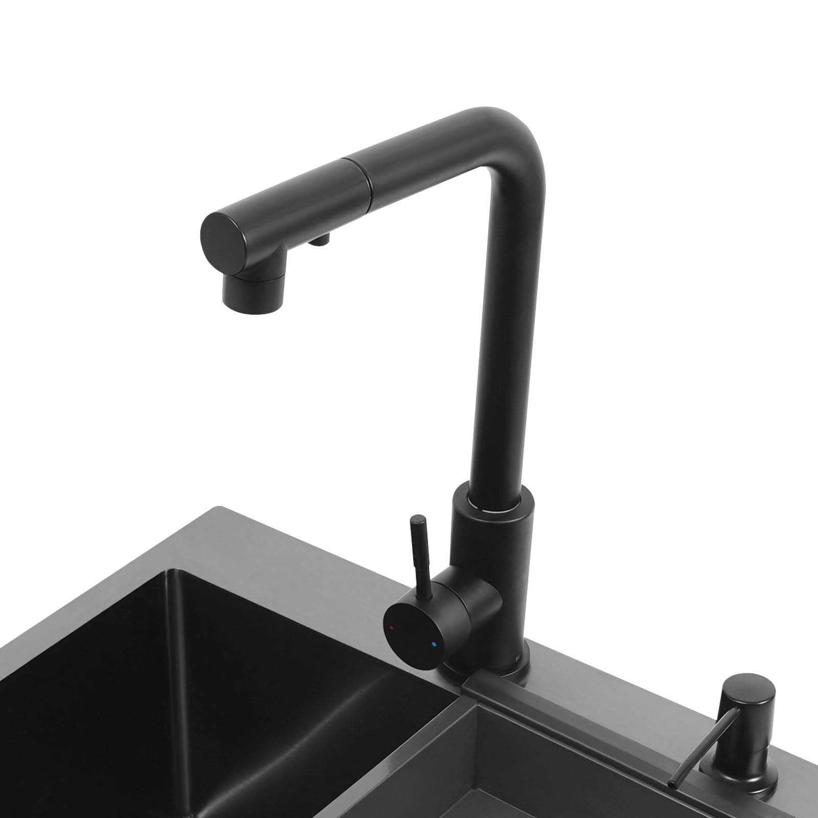 Fregadero negro 45 x 45 x 18 cm, juego de fregadero de cocina empotrable, 1 lavabo + grifo de cocina extensible de 60 cm + colador + tubo de sifón, fregadero multifuncional de acero inoxidable