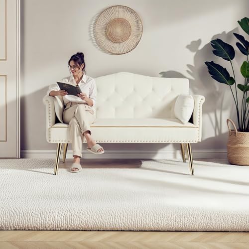 oaaktu Small Velvet Loveseat Sofa with Gold Metal Legs,55-inch Modern Sofa Couch with 2 Side Pockets,Couch with Tufted Backrest for Living Room Bedroom Office (Beige)