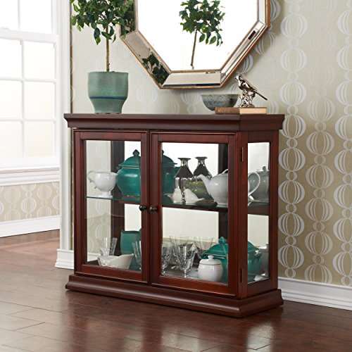 Double Door Curio w/ Mirror Back Wall - 2 Fixed Shelves - Chic Style Mahogany Finish
