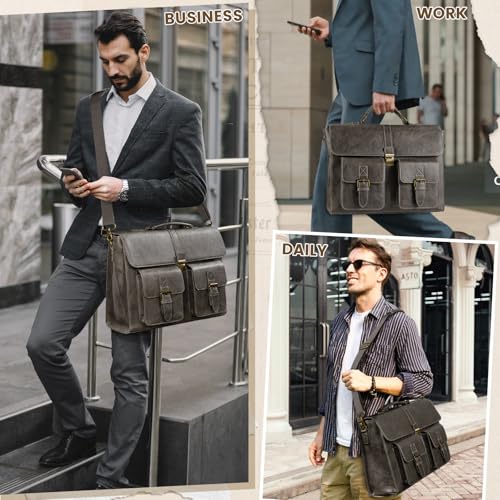 Image of RAINSMORE Mens Messenger Bag 15.6 Inch Leather Vintage Laptop Briefcase Waterproof Computer Laptop Bag Leather Satchel Bag Large Shoulder Bag for Office Work Travel College, Grey
