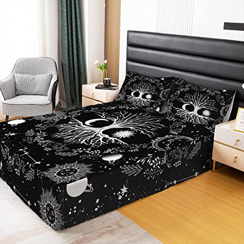 Erosebridal Tree Of Life Bed Skirt Sun And Moon Bed Skirts King Kids Teens Bedroom Decor Black And White 3 Pcs Bedskirt Gothic Bohemian Flower Bedding Decor Galaxy Stars Constellations Bed Skirt #TOP1