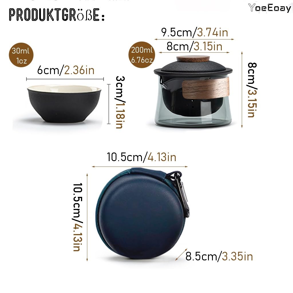 Gaiwan Mit 3 Teetasse, Mini Tragbare Reise Tee Set Mit Reisetasche,chinesische Kung-Fu-Teekanne, Teekanne Glas Mit Walnuss Hölzerne Zwinge, Teekanne Mit 3 Teetassen Und Teetuch - Schwarz