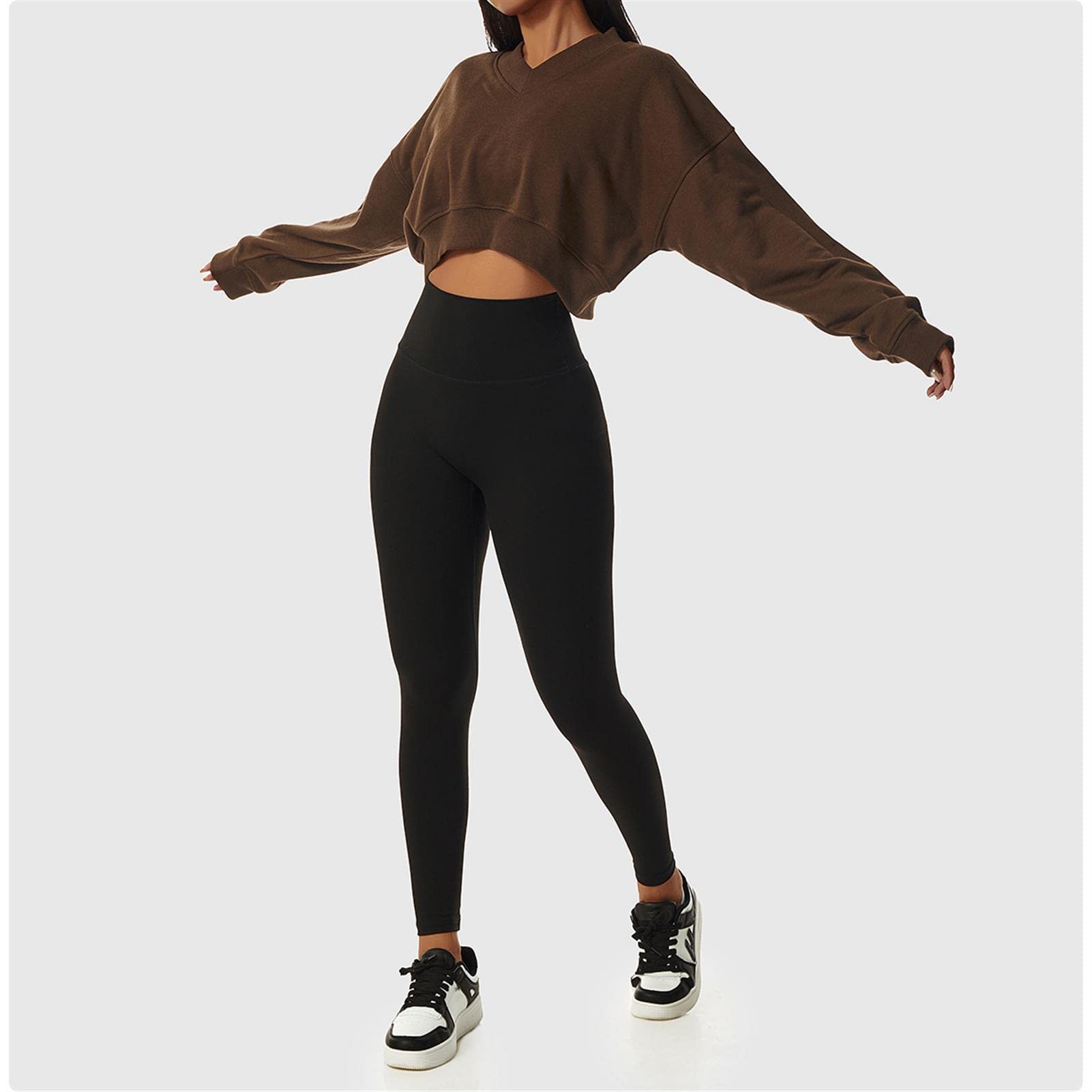 Damska luźna bluza sportowa z długim rękawem dekolt w serek sweter na co dzień topy crop trening gorset kurtka outdoorowa odzież fitness, brązowy, 10/M