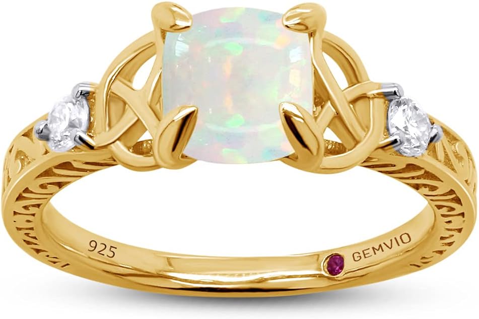 Vintage Celtic Knot Solitaire Engagement Rings for Women 6MM Cushion Cut Natural White Opal & Diamond Anniversary Wedding Ring in 14K Gold Over Sterling Silver (0.80 Cttw)