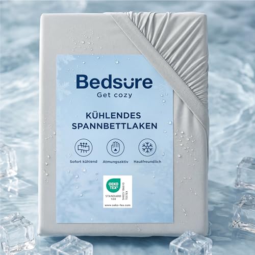 Bedsure Spannbettlaken 140x200cm kühlendes Bettlaken - Sommer Spannbetttuch bis 40cm für hohe Matratzen Boxspringbett Oeko-TEX Zertifiziert Q-MAX 0.4-Kühlstoff sorgt Hellgrau