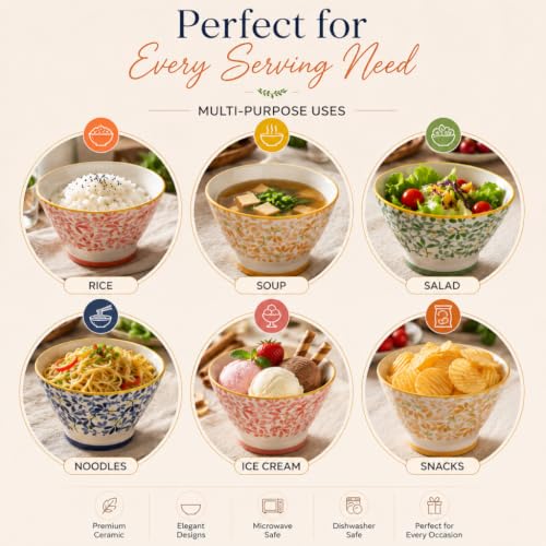 Image of Ceramic Bowl Set of 4, 450 ML - Microwave Safe Dinnerware, BPA & Lead-Free Serving Bowls, Chip Resistant Floral Bowls for Snacks, Rice, Elegant Kitchenware for Dining, Serving & Gifting