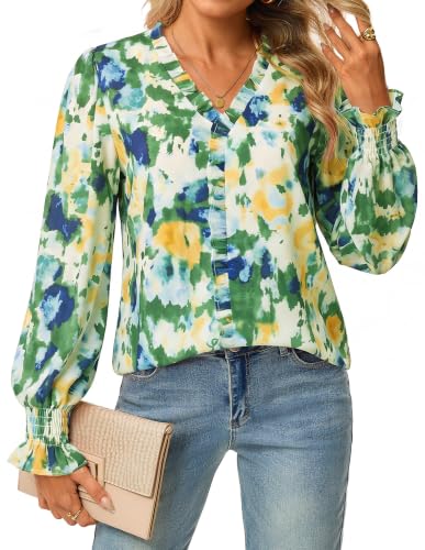 GRACE KARIN Womens Long Sleeve Boho Tops Ruffle Work Blouses Multi Green XL - image 1