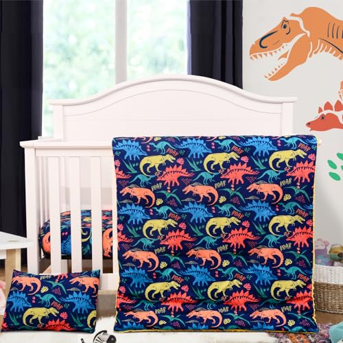Image of Cloele 3 Piece Crib Bedding Set for Boys,Dinosaur,Quilt,Sheet&Pillowcase | Include Soft Baby Comforter,Breathable Fitted Sheet & Pillowcase,Navy Blue Nursery Baby Bedding for Boys