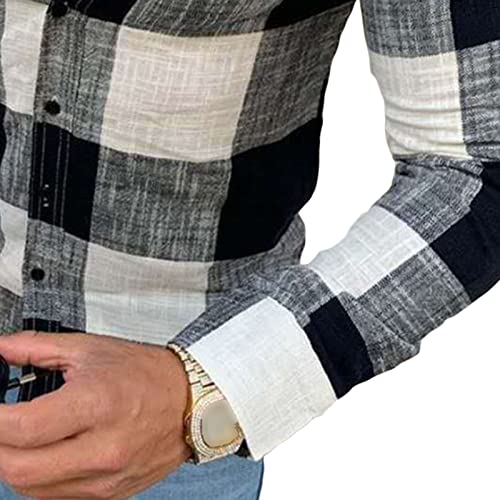 Men Collarless Plaid Long Sleeve Casual Shirt Business Dress Shirt Slim Fit Linen Beach Shirt Band-Collar Shirt3