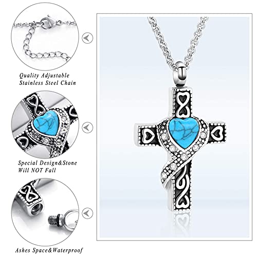 Hearbeingt Cremation Jewelry Urn Necklaces for Ashes, Retro Crystal Cross Memorial Pendant Made of 316L Stainless Steel with Heart Shape Turquoise. - Thumbnail 2