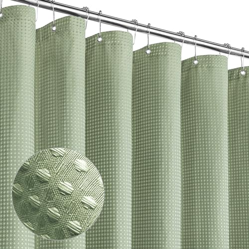 MitoVilla Sage Green Waffle Fabric Shower Curtain, Heavyweight Cloth Shower Curtains for Modern Hotel Bathroom Decor, Waterproof & Wrinkle Resistant, 72 x 72