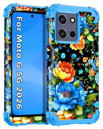 Hekodonk for Moto G 2026 Case,Moto G Play 2026 Case,Floral Three Layer Heavy Duty Shockproof Protection Hard Plastic+Soft Silicone Full Body Drop Protective Case for Moto G 2026,Blue/Black