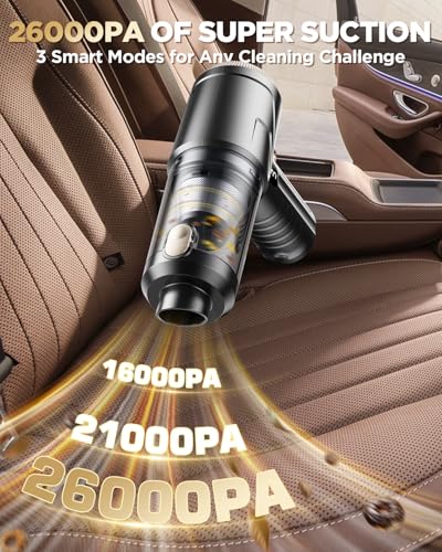 Image of Handheld Vacuum Cleaner 26000Pa Suction with Brushless Motor, 4-in-1 Portable Mini Car Vacuum with 3 Suction Modes, Cordless Vacuum with LED Light, Type-C Charge for Car, Office Desk, Keyboards