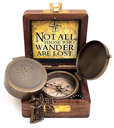 Brújula de Latón Grabada "Not All Those Who Wander are Lost" con Caja de Madera, Regalo para Senderismo y Navegación miniatura 1
