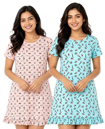 Image of Real Basics Women's Cotton Printed Knee Length Nightdress