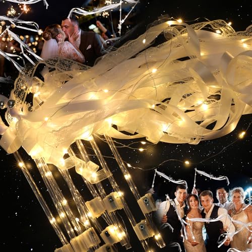 Drixbor 100 PCS Light Up Wedding Wands for Send Off - LED Fairy Wands with 3 Flashing Modes Silk Ribbons Lace & Bells for Wedding Ceremony Exit New Year Thanksgiving Concert Party Favors
