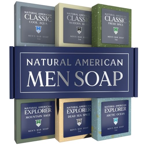 NATURAL AMERICAN Mens Bar Soap Mens Cologne Scents 100% All Natural Essential Oils Organic Shea Butter No Harmful Chemicals (6pk) Soap for a Man - USA Handmade 5 oz